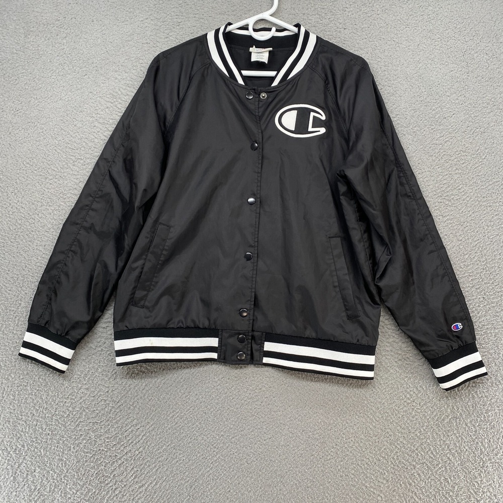 Champion Bomber Jacket Womens Large Satin Embroidered Baseball Black Snap Up